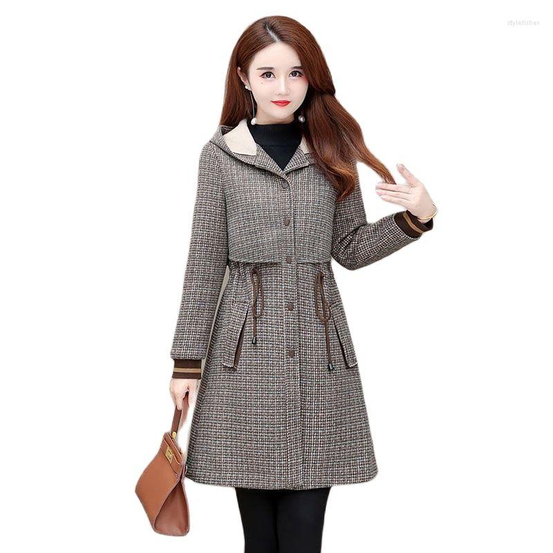 

Women's Wool Lattice Women's Woolen Coat Autumn Winter Mid-Length Thicken Fashion Temperament Drawstring Slim Ladies Hooded Jacket 5XL