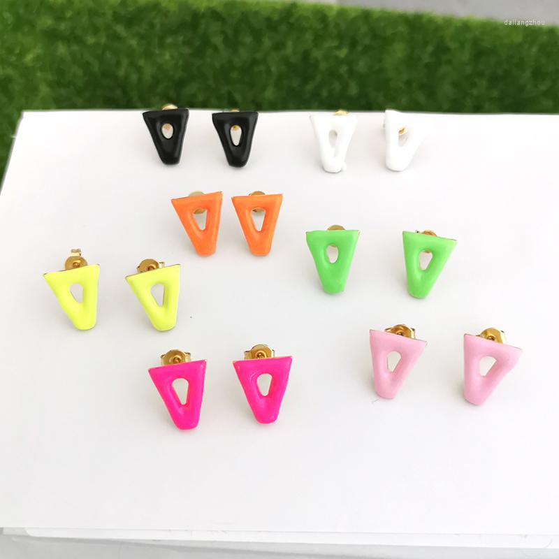 

Stud Earrings QMHJE For Women Triangle Candy Enamel Neon Green Fluorescent Round Geometric Jewelry Mini Arete Bright Piercing