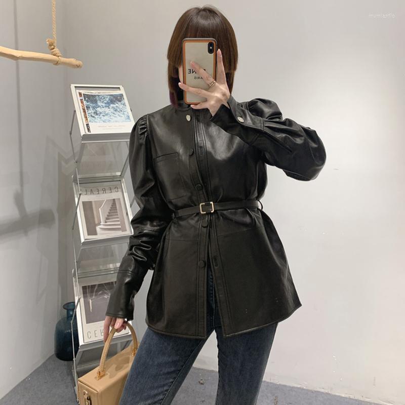 

Women's Leather Ladies Real Jacket Solid Puff Sleeve Lace-Up Vegetable Tanned Coats Belt Elegant 2022 Autumn Streetwear CL4031, Black