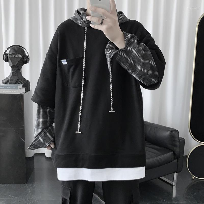 

Men's Hoodies J GIRLS Men With Hat Fake Two Pieces Patchwork Design Chic All-match Students Spring Tops Couples, Black
