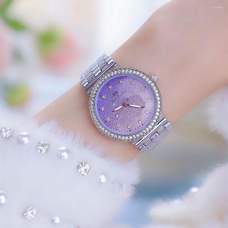 

Wristwatches Top Brand Watch For Women Luxury Rhinestone Purple Gradient Quartz Designer Wrist Stainless Steel Clock Relojes Para Mujer