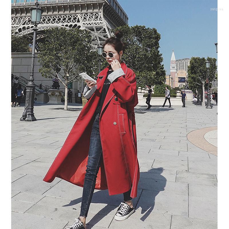 

Women' Trench Coats 2022 Autumn Winter Long Coat For Women British Style Casual With Belt Elegant Chic Female Windbreaker Y174, Red