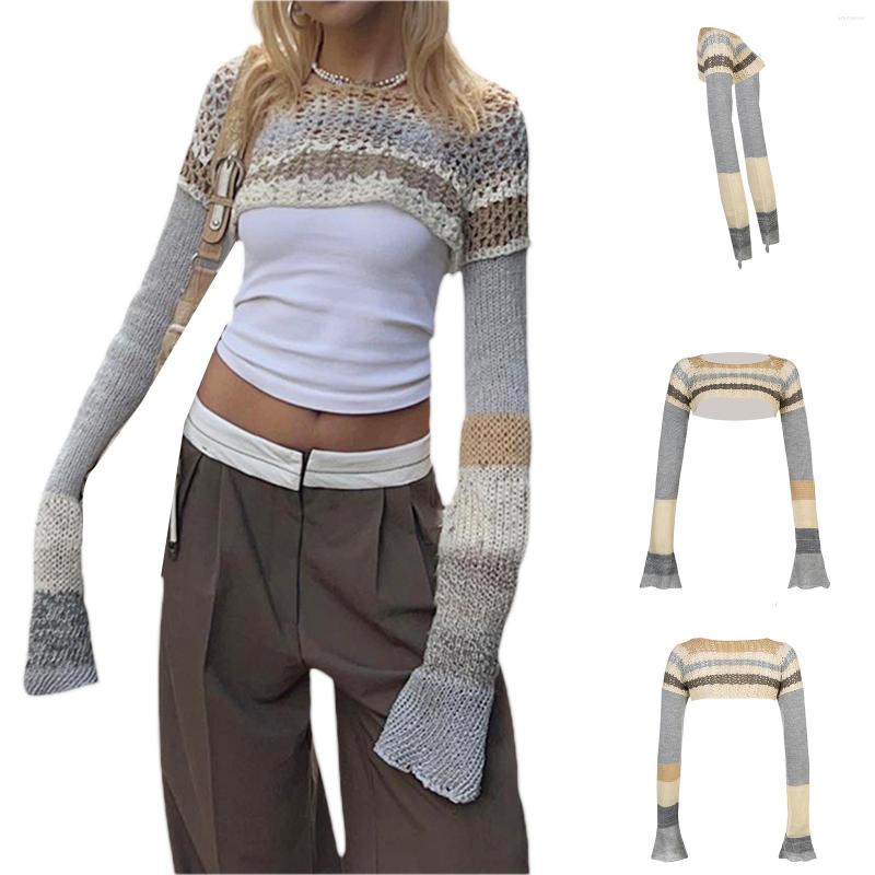 

Women' Sweaters Women Fashion Wild Knitted Sweater Contrast Color Hollow-Out T-Shirt Round Neck Long Sleeve Crop Tops Streetwear, Multi