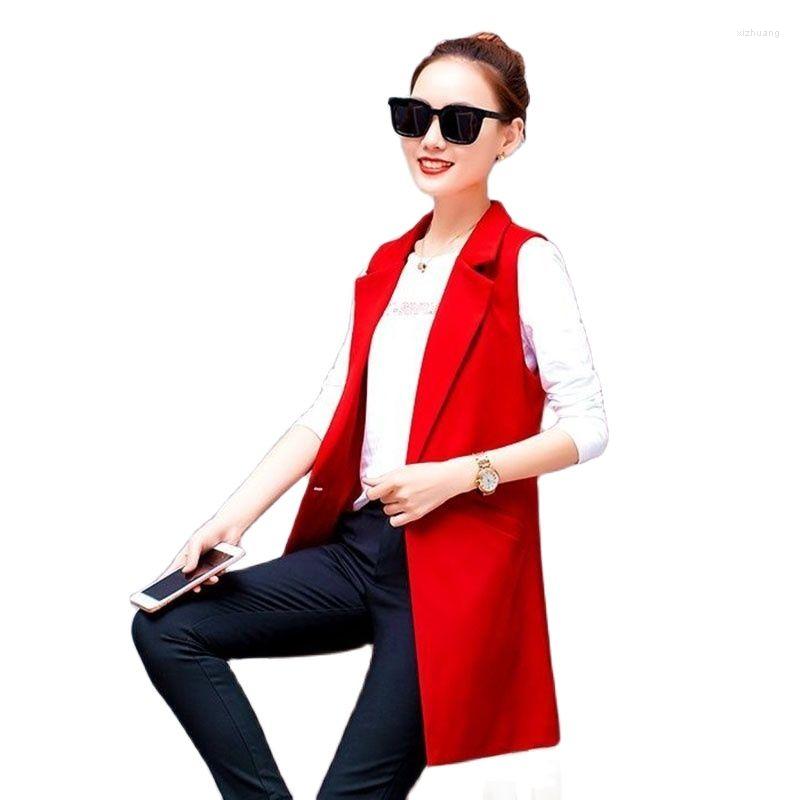 

Women' Vests Blazer Vest Women' Coat Red Spring Autumn Mid-Length Sleeveless Slim Waistcoat Suits Double Buckle Female Elegant
