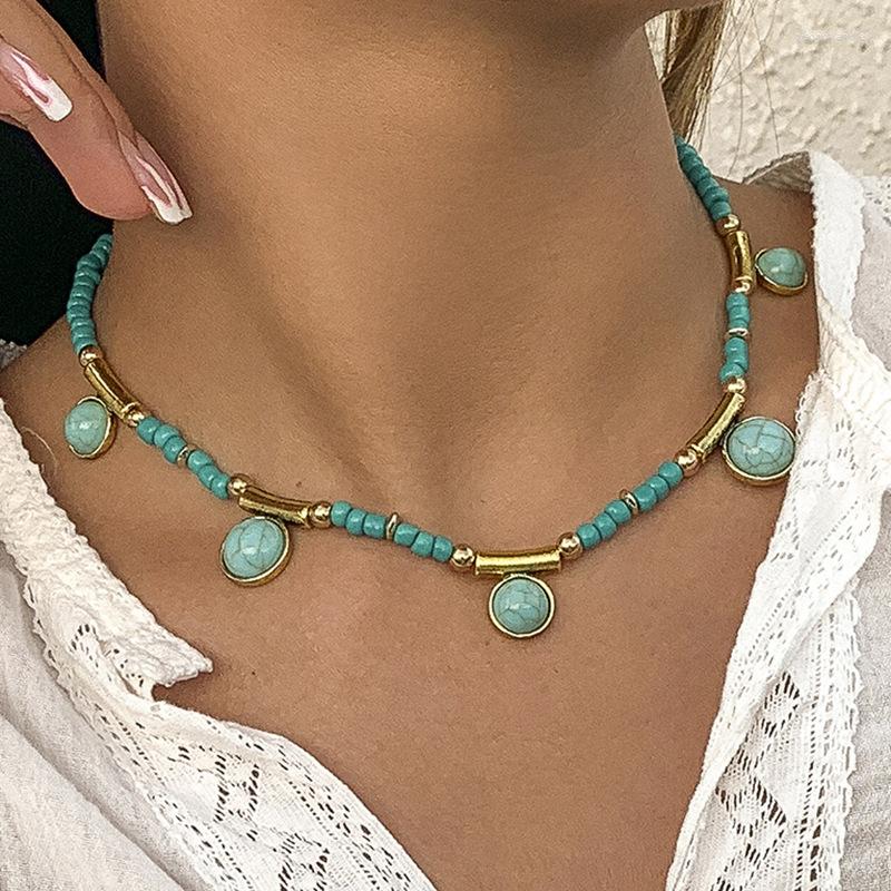 

Choker Bohemian Handmade Blue Stone Round Necklaces For Women Boho Party Jewelry