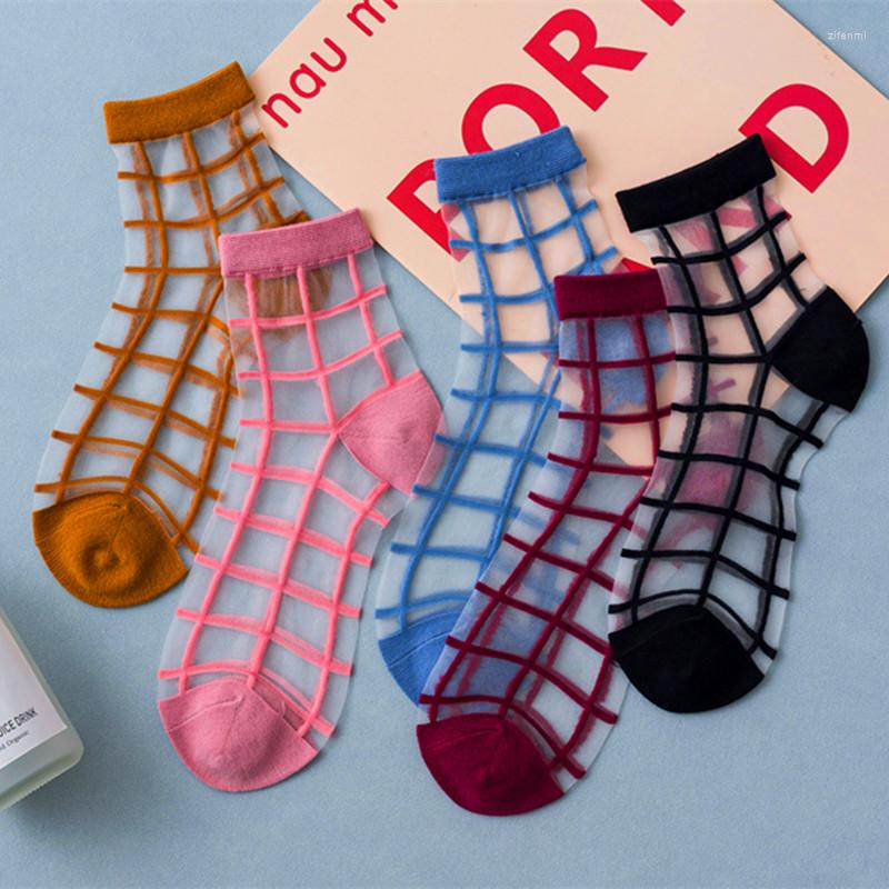 

Women Socks 1 Pair 15 Styles Harajuku Thin Transparent Striped Plaid Dots Breathable Funny Casual Ankle, Black