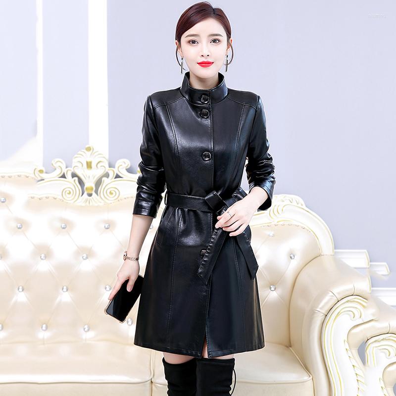 

Women's Fur 2022 Spring Autumn Real Leather Coat Womens Plus Size Stand Collar Long Parker Women Windbreaker Jacket Female Belt 7XL, Purple