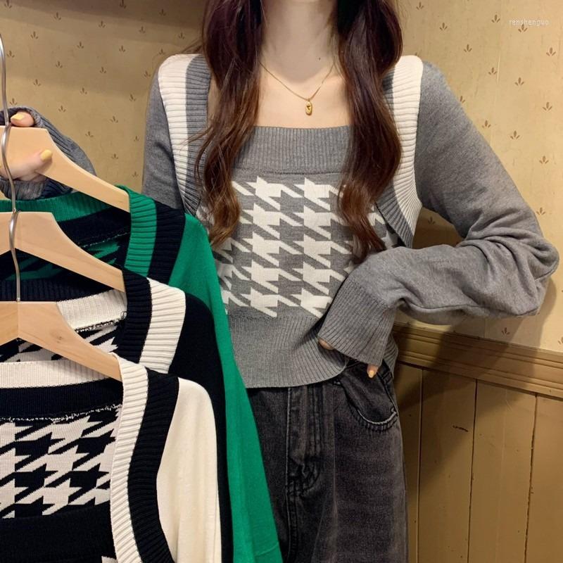 

Women's Sweaters Designed Temperament Square Neck Houndstooth Stitching Fake Two-piece Long-sleeved Sweater Women, See chart