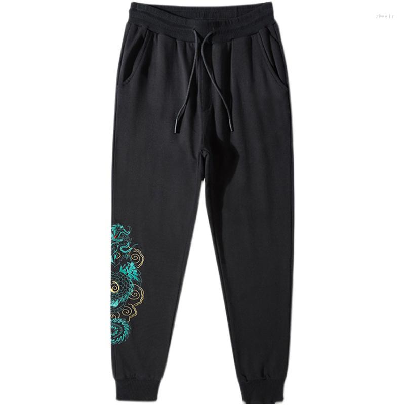 

Men's Pants Men Harajuku Streetwear Cotton Chinese Dragon Embroidered Trousers Black