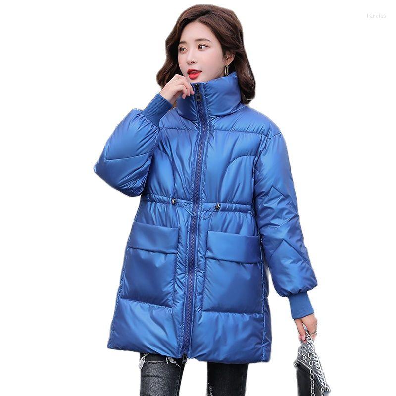 

Women's Trench Coats 2022Winter Glossy Down Cotton Women's Coat Middlelength Pzipper Stand-up Collar Big Pocket Loose Casual Female, Black