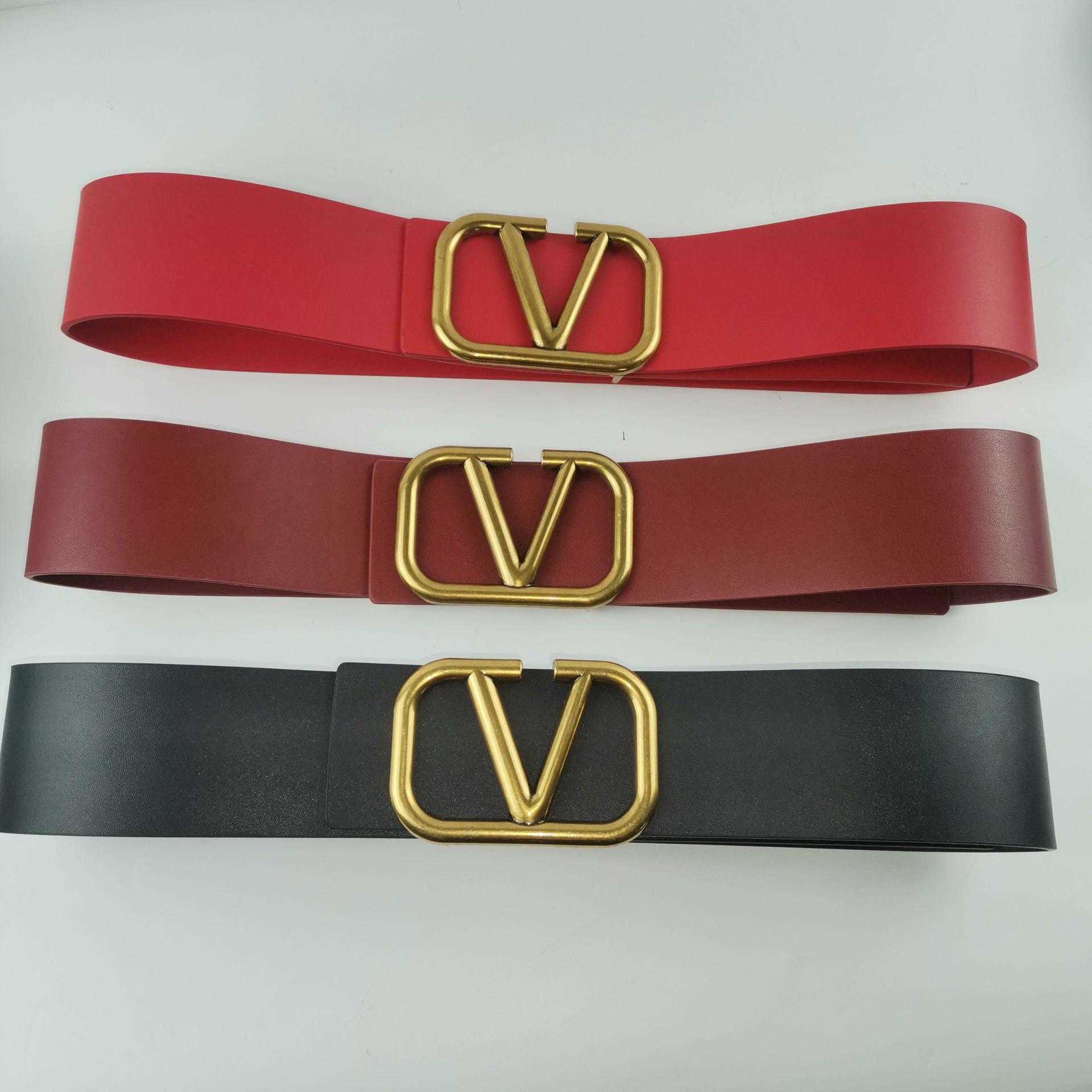 

Belts Large women's leather net red new wide letter large V belt, Black