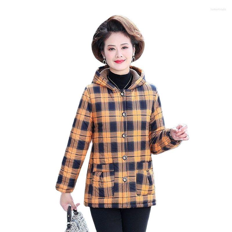 

Women's Trench Coats 2022 Middle-Aged Female Add Velvet Thicken Hooded Cotton Jacket Loose Lattice Autumn Winter Short Ladies Coat, Red