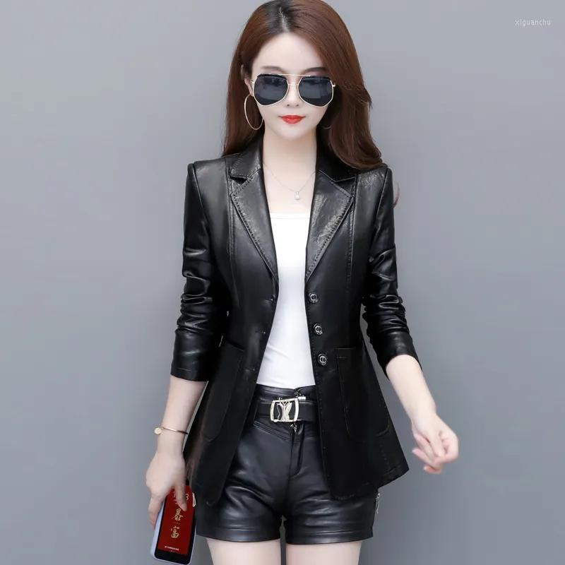 

Women's Leather 2023 Autumn And Winter Haining Coat Women's Short Slim Suit Collar Jacket Large Female's Black, Black lining