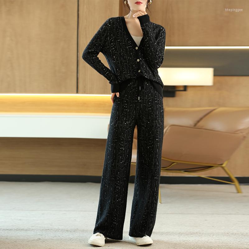 

Women' Two Piece Pants Pure Wool Suit Women Set Wide Leg V Neck Knit Cardigan Autumn Winter Thick Sweater Fashionable Women' Clothing, Black