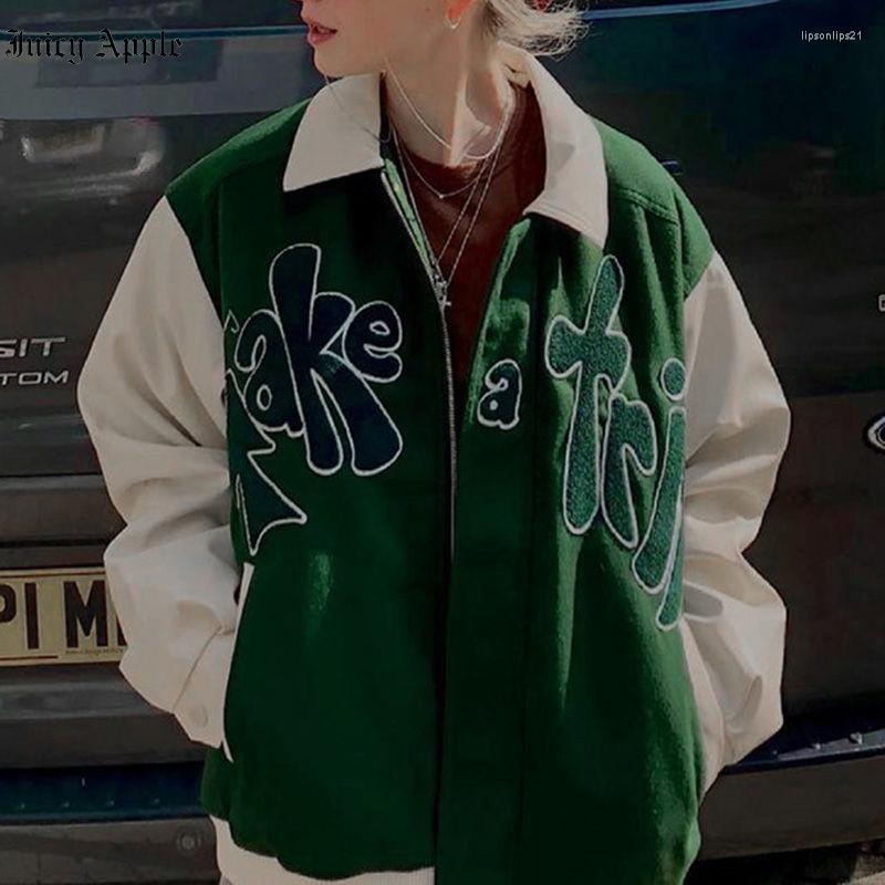 

Women's Jackets Juciy Apple Bomber Woman Varsity Jacket Autumn Baseball Coat Fashion Letter Embroidery Contrast PU Bombers Vintage Coats, Order quick delivery