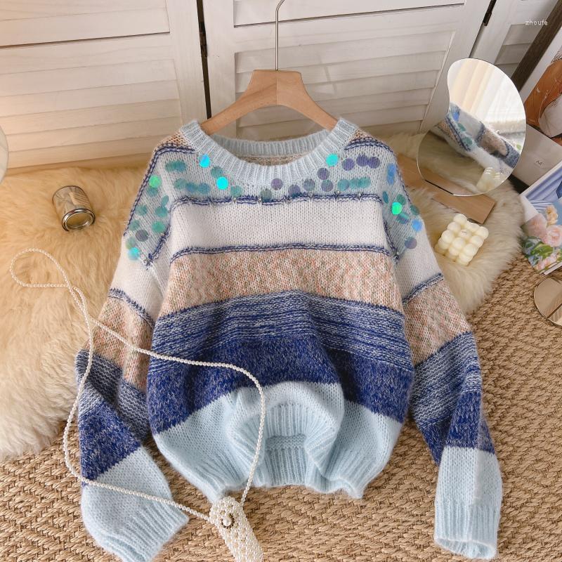

Women's Sweaters Gentle Wind Contrast Color Round Neck Soft Glutinous Sweater Autumn And Winter Women's Lazy Style Long-sleeved Knitted, Pink