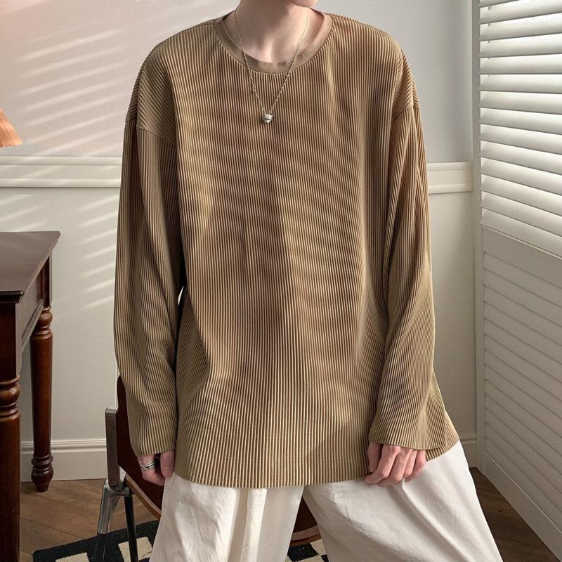 

Men's T Shirts 4 Colors Pleated T-Shirt Men Fashion Oversized Casual Ice Silk Korean Loose Long Sleeve Shirt Mens Top -XL, Black
