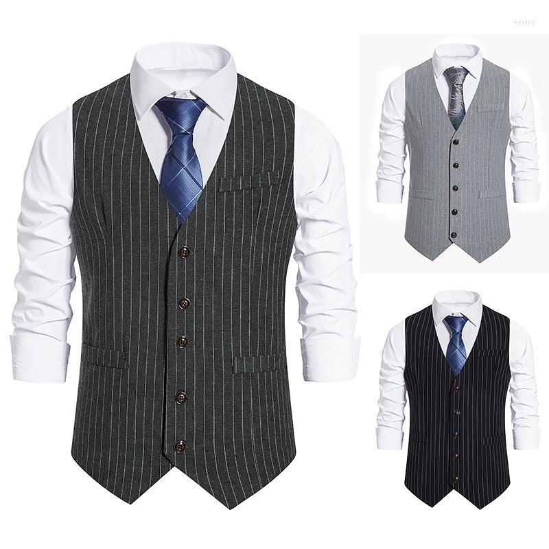 

Men's Vests Men's Suit Vest Dark Grey V Neck Striped Business Waistcoat Single Breasted Steampunk Clothing Retro Tooling Wedding