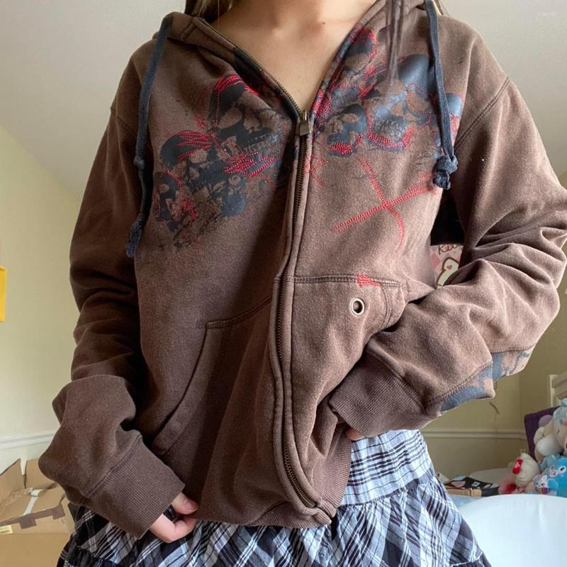

Women' Hoodies Doury Women Y2k Skull Zip Up Skeleton Graphic Oversized Drawstring Sweatshirt Goth Dark Academia Jacket With Pockets, Gray