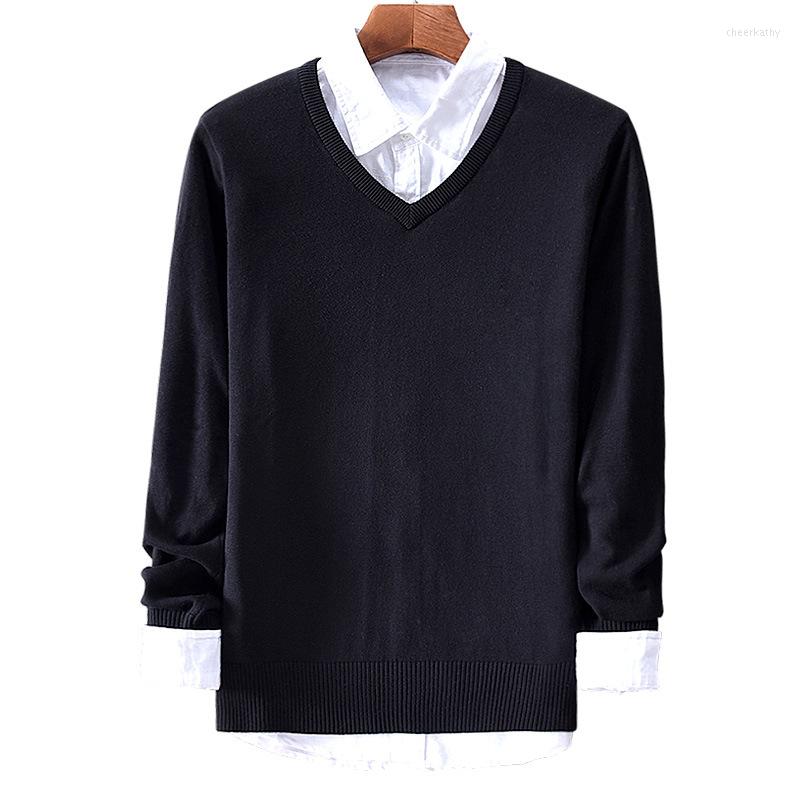 

Men's Sweaters Cotton Sweater Men Long Sleeve Pullovers Outwear Man V-Neck Tops Loose Solid Fit Knitting Clothing 6Colors, Black