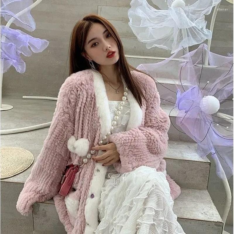 

Women's Fur LoliBook Knitted Faux Rex Coat Women Winter Sweater Warm Jacket V Neck Cardigan Lady Fashion Outwear, White