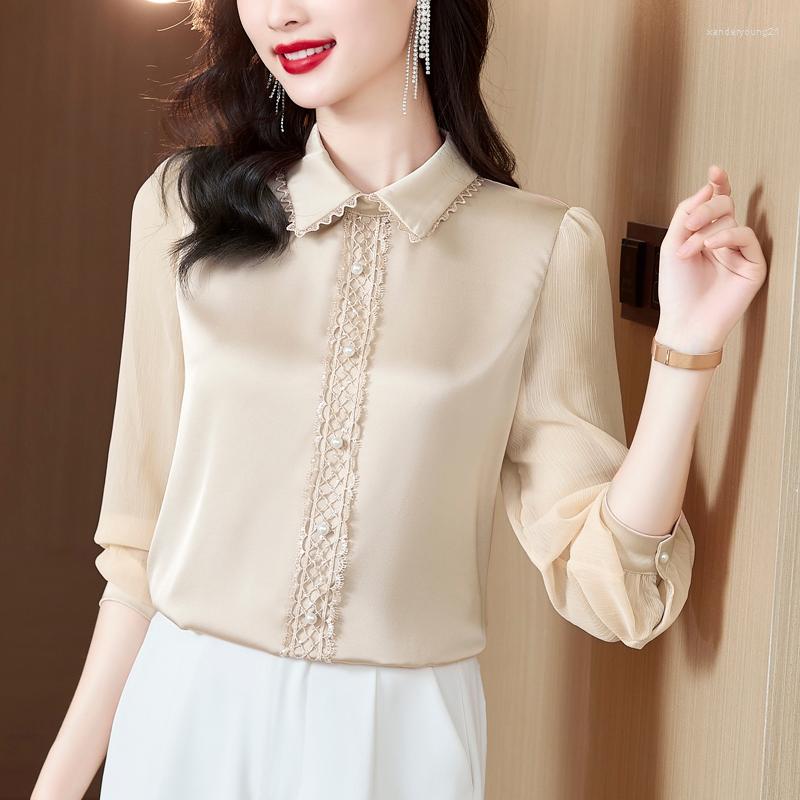 

Women's Blouses Women;s Elegant Long Sleeve Satin Shirt Summer Autumn Lace Patchwork Single Breasted Blouse Lady Vintage Office, Green