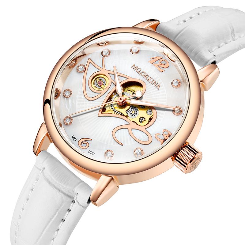 

Wristwatches Fashion White Women Mechanical Watch Skeleton Design Top Leather Waterproof Female Automatic Clock Montre Femme, Red