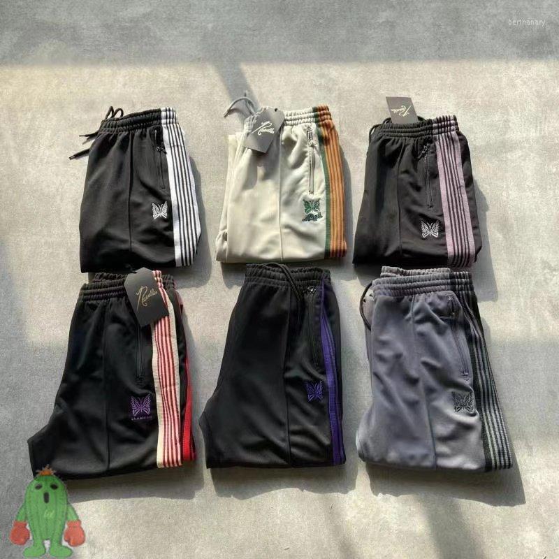 

Men' Pants AWGE NEEDLES Butterfly Embroidered Men Women Loose Casual Trousers Purple Striped Webbing Sweatpants