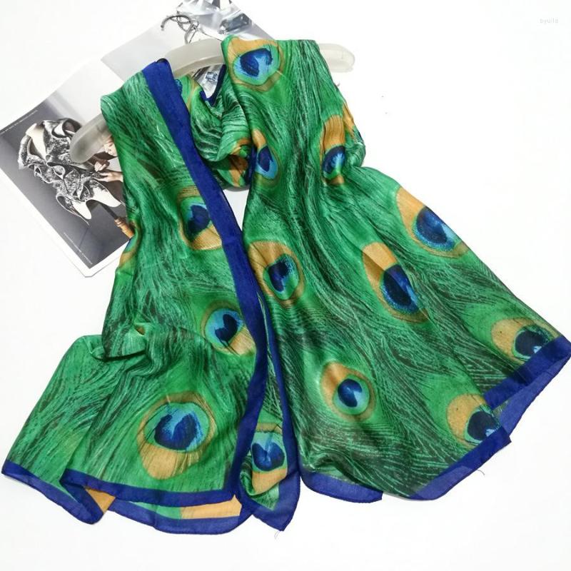 

Scarves Silk Scarf Wrap Print Peacock Foulard Shawl Hijab Bufandas Cape Head Oversize Beach Towel SF034