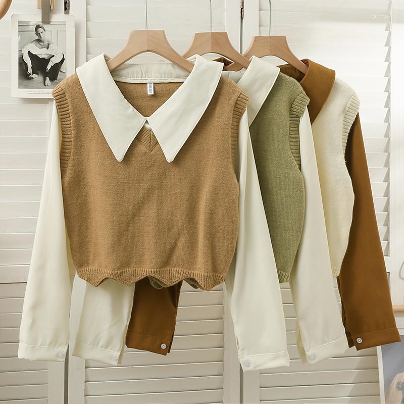 

Women's Sweaters Knitted Vintage Casual Pullovers For Women Autumn Winter Long Sleeve Polo Collar Spliced Fake 2pc Femme Fashion Clothes, Green