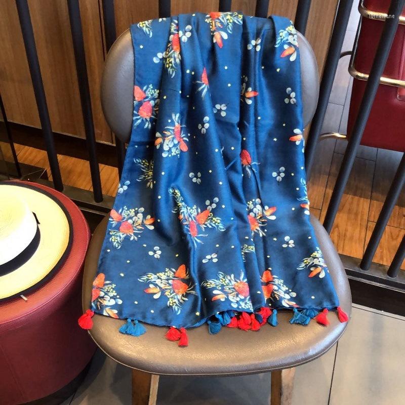 

Scarves Ladies Fashion Navy Blue Floral Tassel Viscose Shawl Scarf Women High Quality Pashmina Wraps And Hijabs Muslim Sjaal 180 90Cm