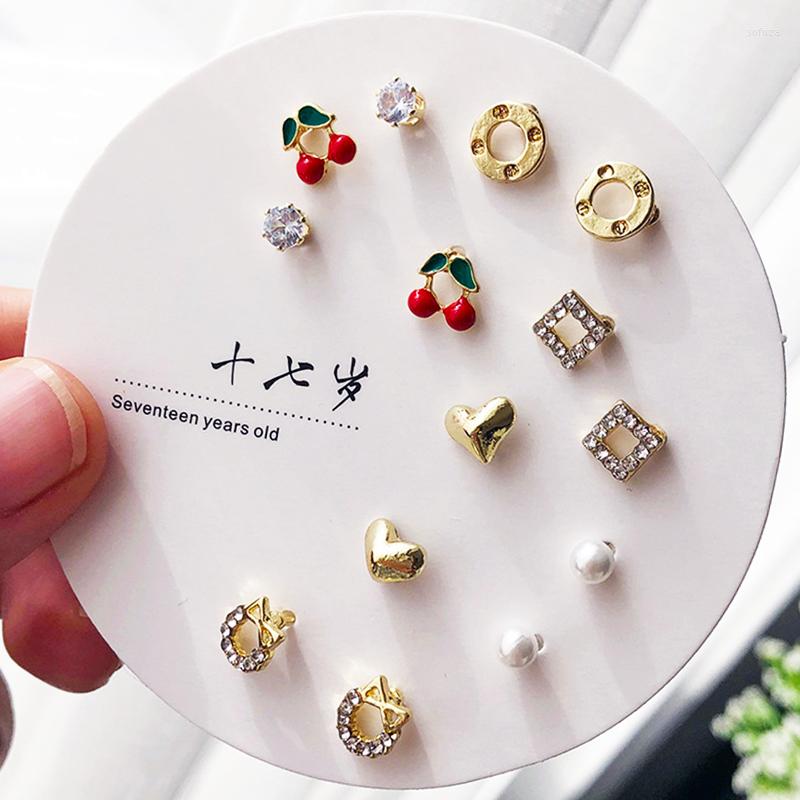 

Stud Earrings Korean Style Cute Cherry For Women Girls Trendy Rainbow Butterfly Pearl Heart Party Jewelry Gifts 7 Pairs