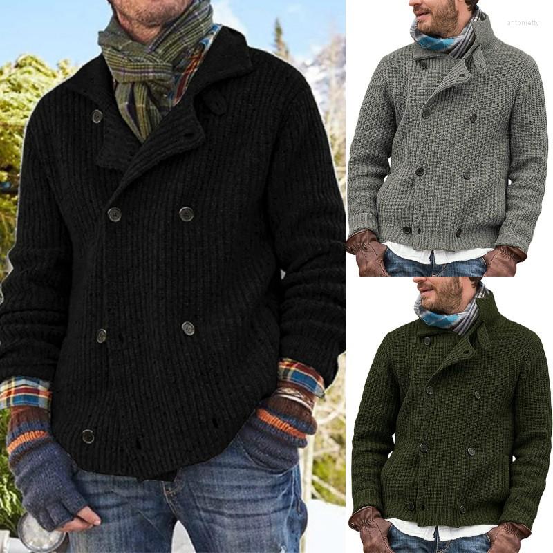 

Men' Sweaters Men Solid Double Breasted Lapel Autumn Winter Long Sleeve Loose Simple Cardigan Sweater, Army green