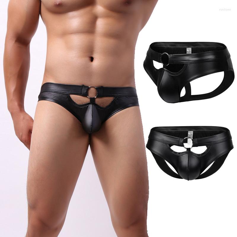 

Underpants Men Briefs Sexy Lacquered Leather Hollow Ring Underwear Male Panties Ropa Interior Hombre Tanga Hombres, Black