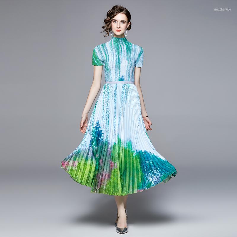 

Work Dresses 2022 Elegant Summer Two Piece Set Designer Fashion Women Short Sleeve Printed Stretch Tops Flower Pleated Long Skirt Suits, Black