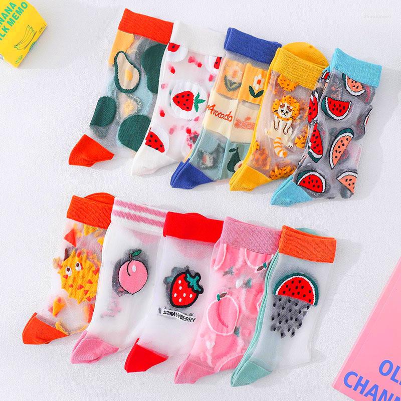 

Women Socks 1 Pair Korea Style Casual Harajuku Transparent Crystal Silk Trend Cartoon Fruit Breathable Glass Meias, C3