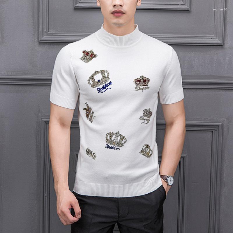 

Men's T Shirts Men's T-Shirt Shiny Autumn And Winter Crown Sweater Fashion Diamond Short-Sleeved Complex Pattern Knit Design, As shown asian size