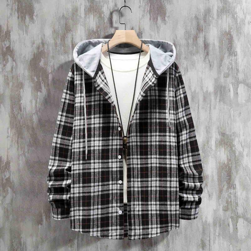 

Men' Casual Shirts Men Plaid Print Shirt Hooded Oversized Men' Clothes European American Style Handsome Holiday Blouse, Black-6