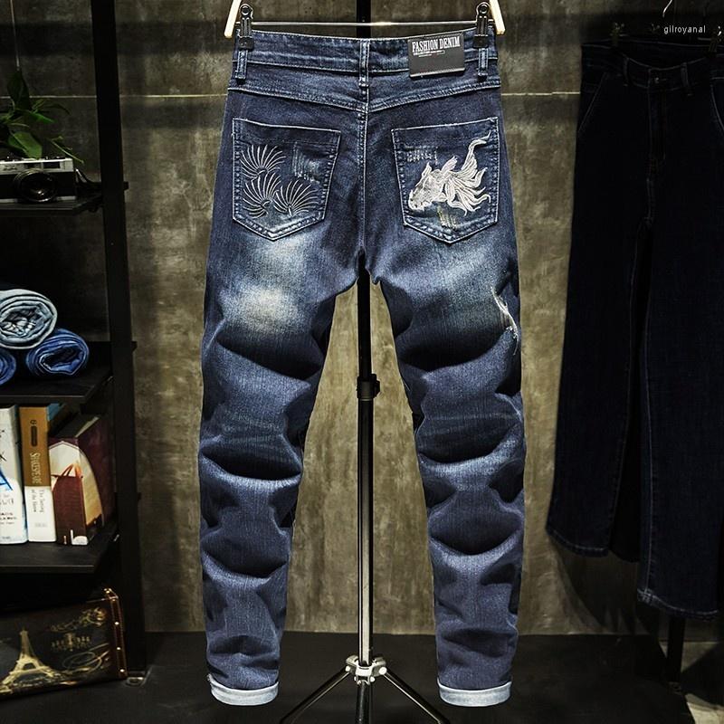 

Men's Jeans Embroidery Fashion Mens Personality Patch Skinny Elastic Pencil Pants DIstressed Straight Denim Male Casual Trousers, Blue 1