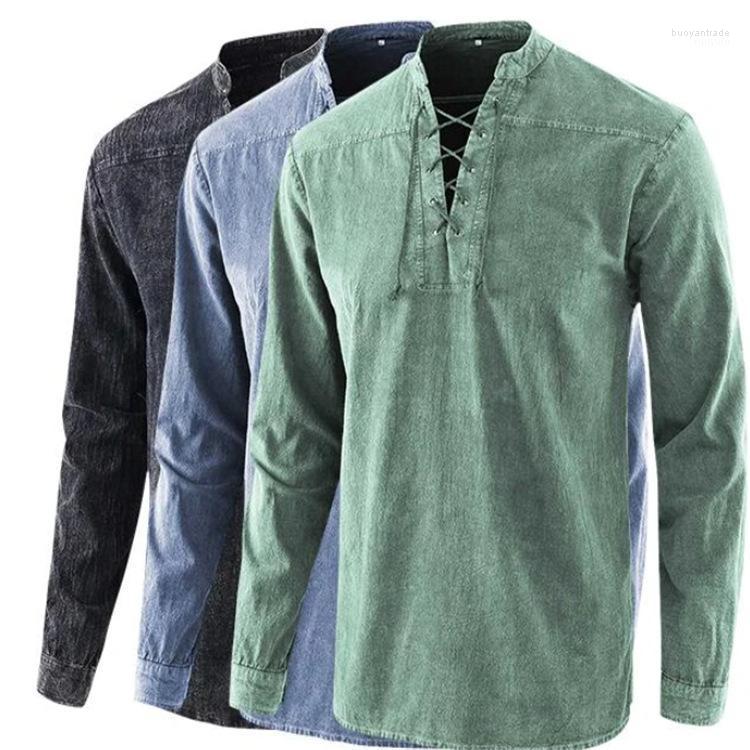 

Men's Casual Shirts Men's Solid Lace Up Stand Collar Shirt Blouse Cotton Linen Loose Tops Long Sleeve Male, Light ginger green
