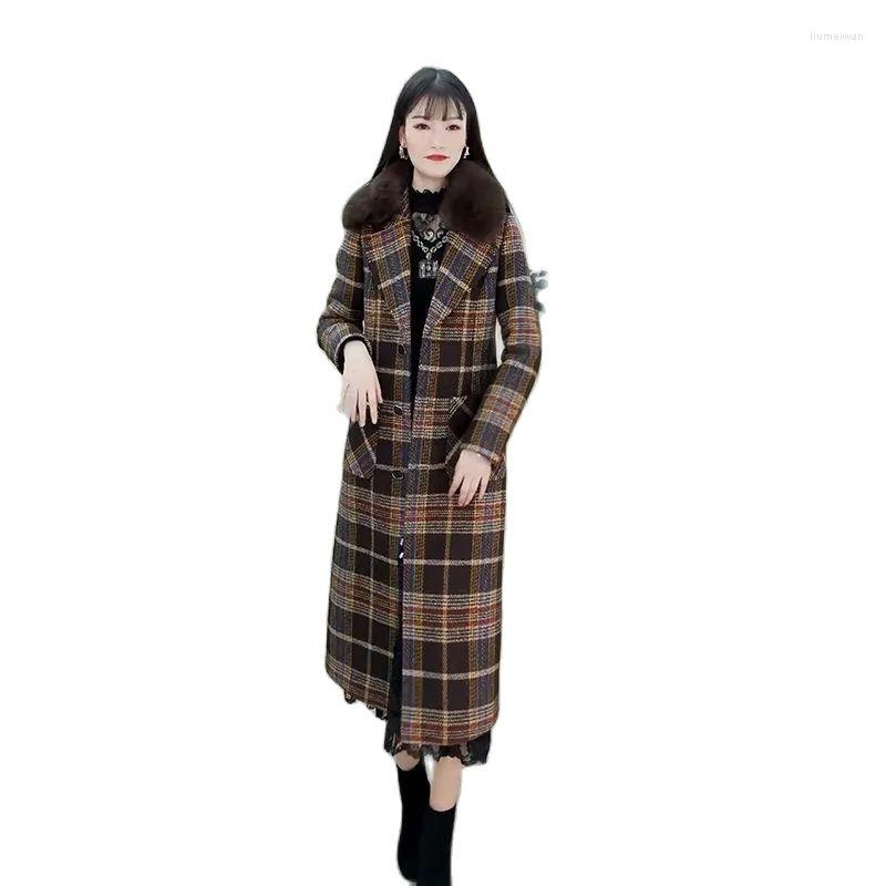 

Women's Wool Female Mid-length Houndstooth Woolen Coat 2022 Women Winter Temperament Cotton Thick Large Fur Collar Plaid Jacket A808, Lattice