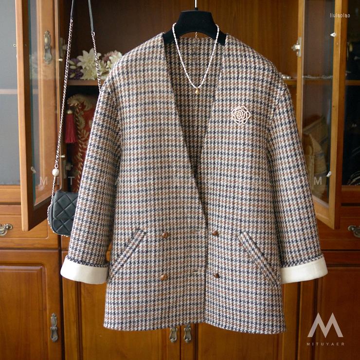 

Women' Suits Thousand Bird Plaid Suit Coat Women Classic Style Slim Roll Over Sleeves Double Breasted V-neck 2022 Autumn, As the photo