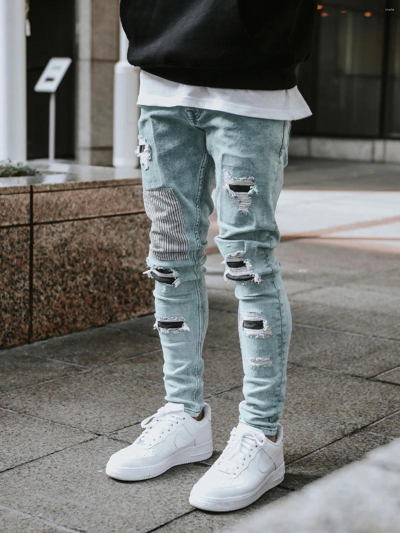 

Men's Jeans Fashion Ripped Patch Men's Trousers Classic Color Slim Stretch Small Leg High Street Casual Trend Youth Quality 2022, Mgdd38 gray