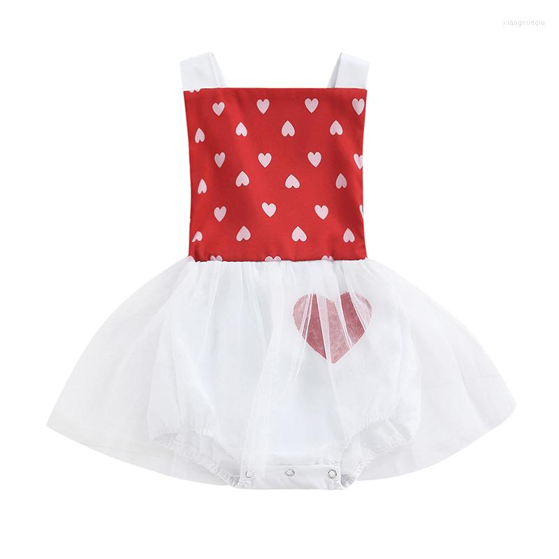 

Girl Dresses Baby Dress Romper Born Heart Pattern Printed Patchwork Mesh Skirt Sleeveless Square Neck 1- Piece