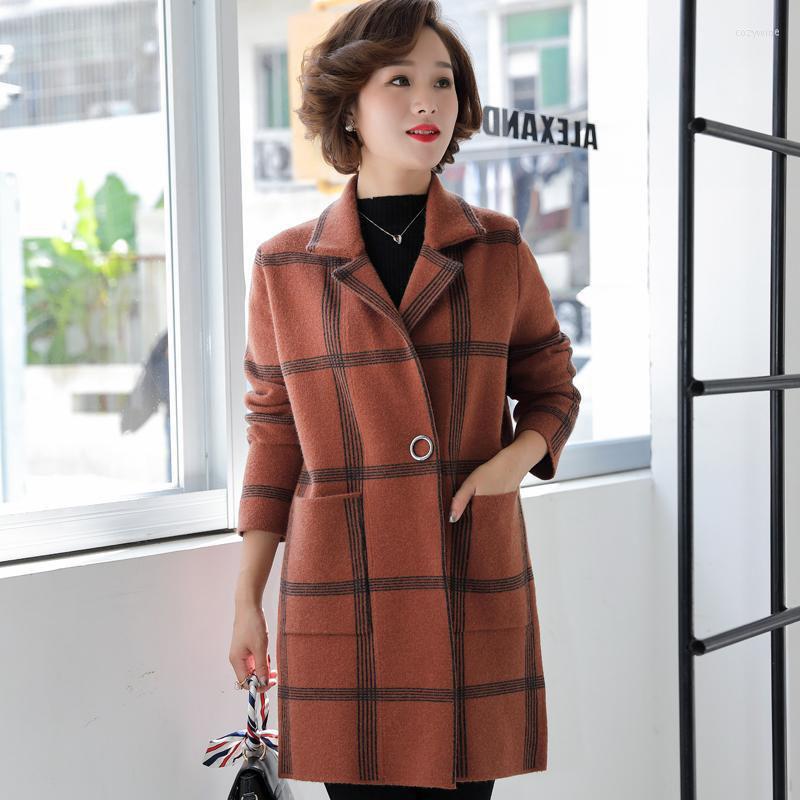 

Women's Wool 2022 Spring Autumn Women Coat Fashion Middle-aged Lattice Office Long Female Casual Loose Woolen Outerwear R635, Gray