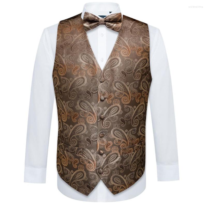 

Men's Vests Designer Men Silk Waistcoat Vest Classic Brown Paisley Suit Jacquard Folral Handkerchief BowTie Set Barry.Wang, M-0113