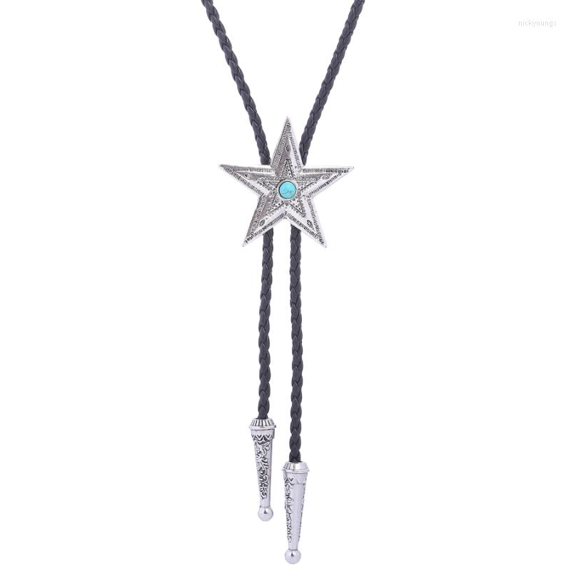 

Bow Ties Bolo Tie Retro Shirt Chain Blue Stone Pentagram Poirot Collar Leather Necklace Long Pendant