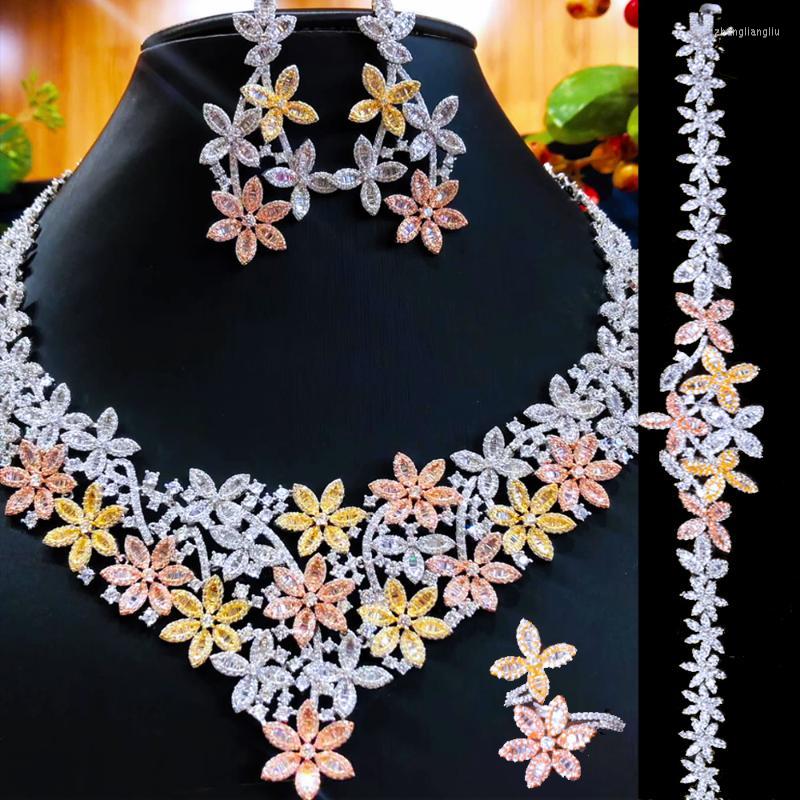 

Necklace Earrings Set & Missvikki Luxury Sweet Shiny Flowers 4PCS Bracelet Ring Gorgeous Dubai For Women Wedding Bridal, Picture shown