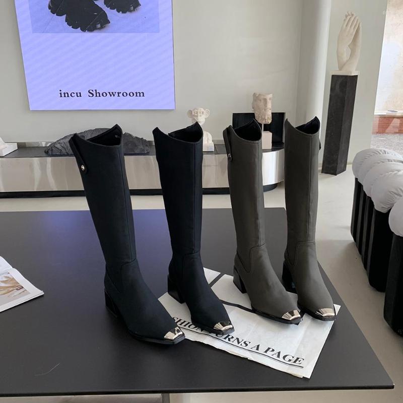 

Boots Black Grey Women Knee High Square Toe Western Thick Heels Slip On Winter Dress Shoes Party Pumps Metal