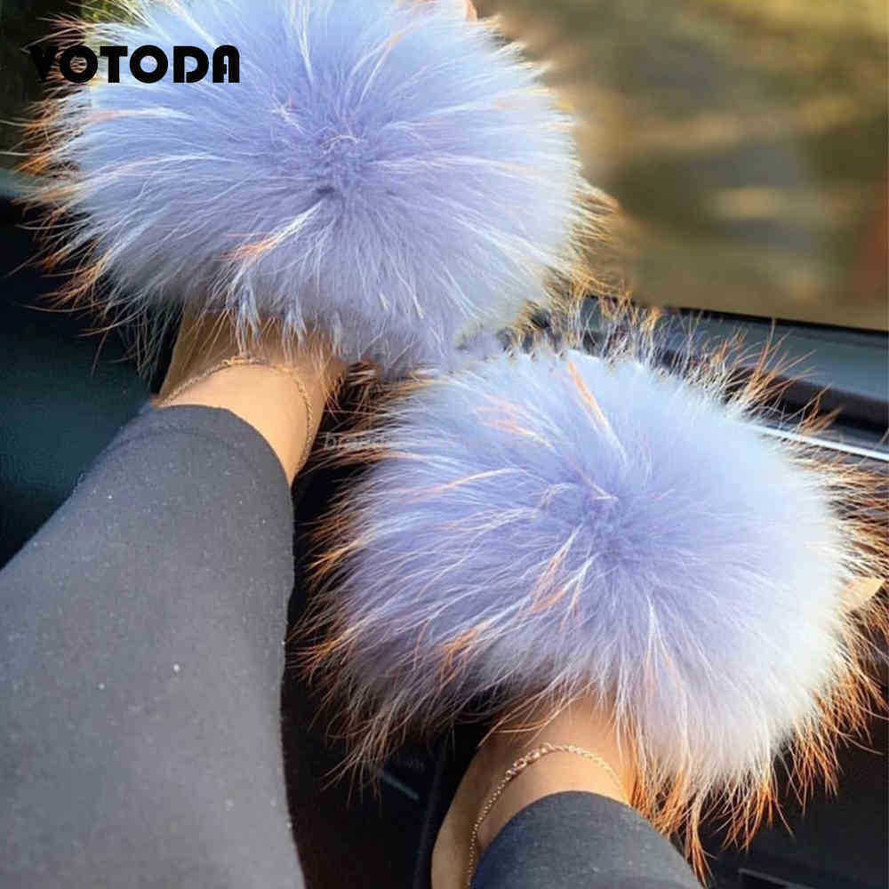 

Slippers Women Furry Slippers Natural Fox Fur Sandals Fashion Real Raccoon Fur Slides Indoor Plush Flip Flops Ladies Fluffy Warm Shoes 111122H, As shown i
